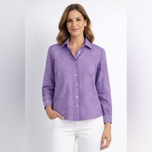 🪻 Foxcroft No Iron Purple Plaid Shirt Womens 10 Preppy Classic Career Top